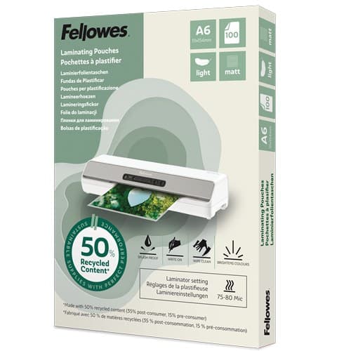 Fellowes 100143438 Recycled A6 Laminating Pouches Matt 80 Micron 100 pc(s) - Image 1