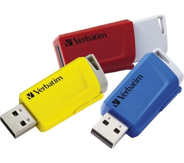Verbatim Store 'n' Click USB 3.2 Gen 1 Flash Drive 16GB - Pack of 3 (Red, Blue & Yellow)