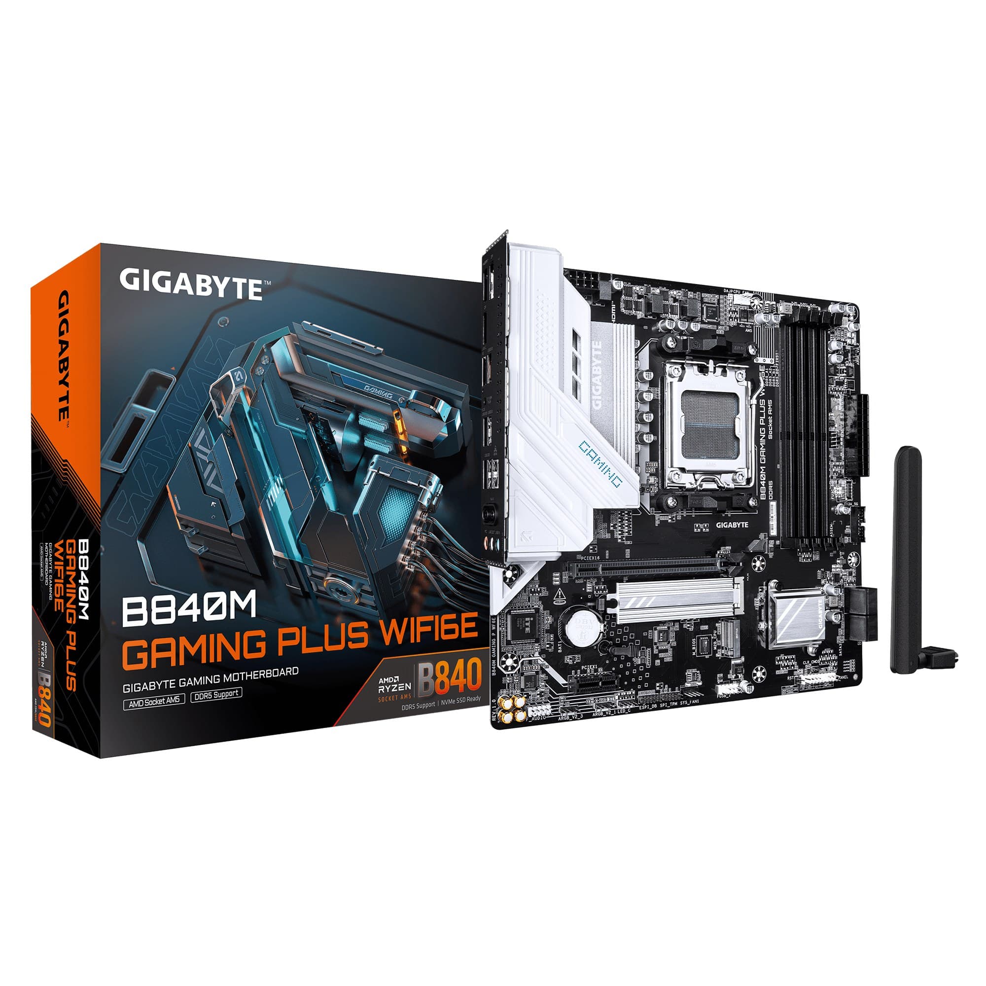 GIGABYTE B840M GAMING PLUS WIFI6E Micro-ATX Motherboard - Socket AM5, AMD Ryzen 9000 CPUs, 8+2+2 Phases VRM, up to 8200MHz DDR5(O.C), 2xPCIe 4.0 M.2, Wi-Fi 6E, 1GbE LAN, USB 3.2 Gen 2