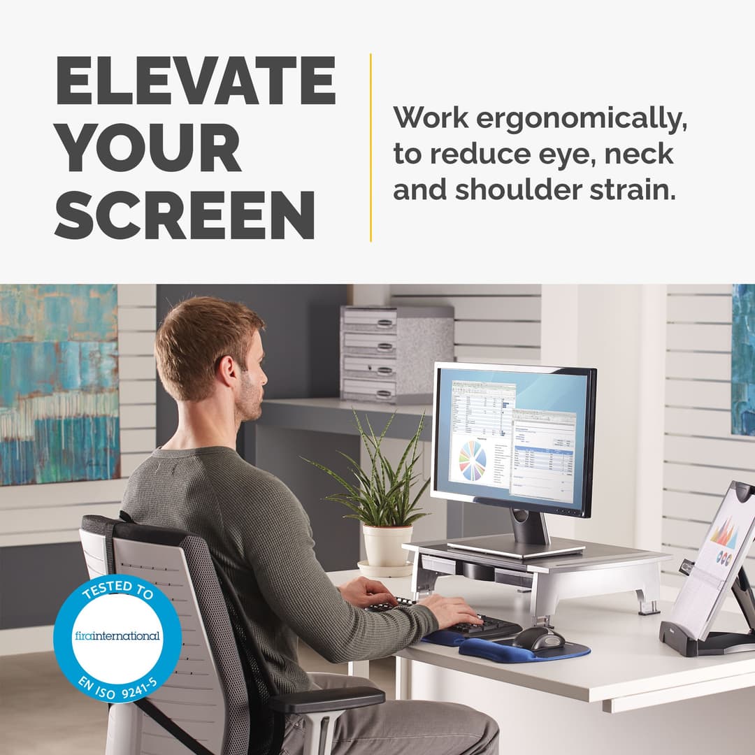 Fellowes Computer Monitor Stand with 5 Height Adjustments - Office Suites Monitor Riser with Storage Tray - Ergonomic Adjustable Monitor Stand for Computers - Max Weight 36KG/Max Size 28" - Graphite - Image 2