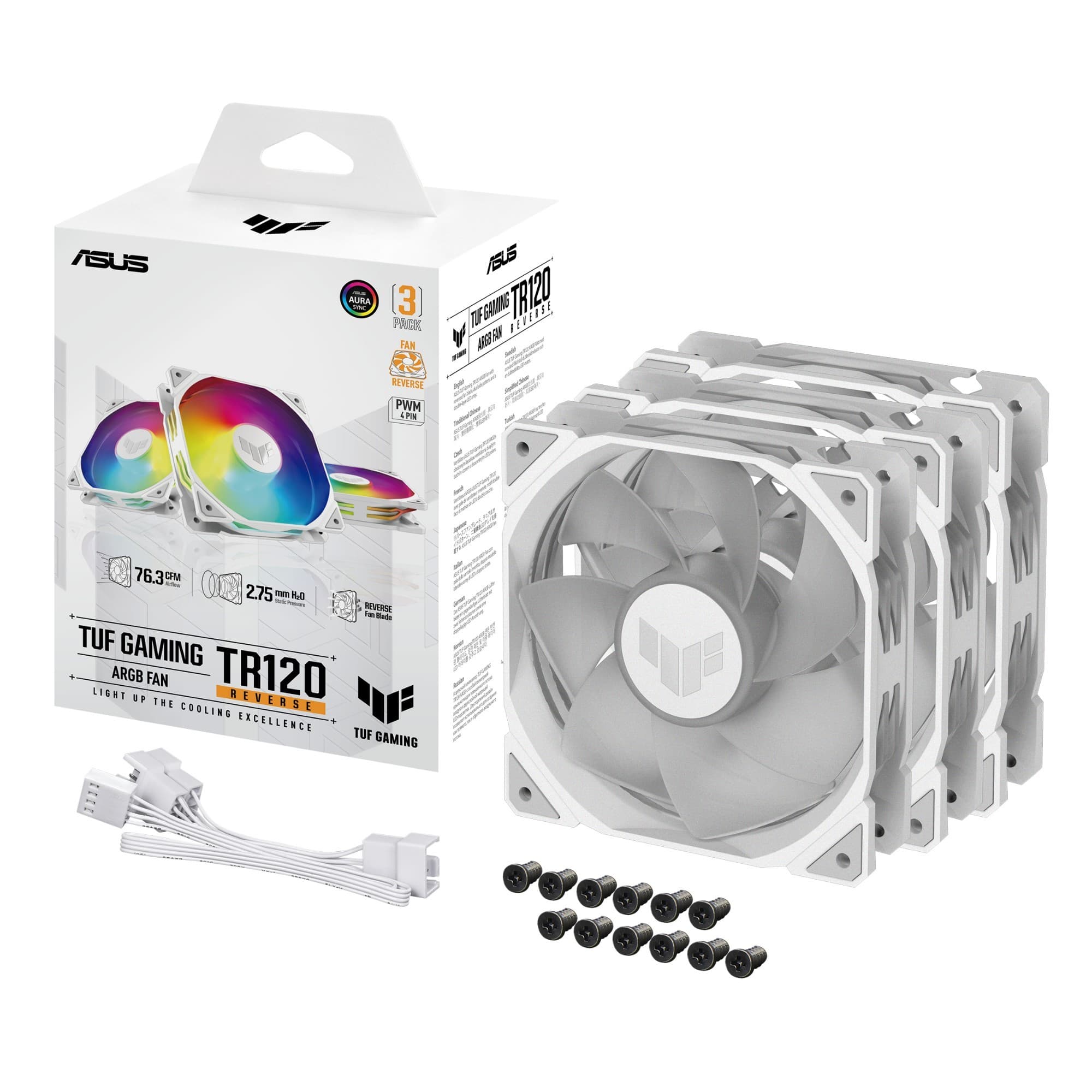 ASUS TUF Gaming TR120 ARGB Reverse 120mm PWM Case Fan White - 3-Pack