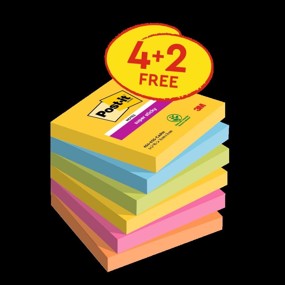 Post-it Pack of 6 Super Sticky Notes 76x76mm 90 Sheets Carnival Colours