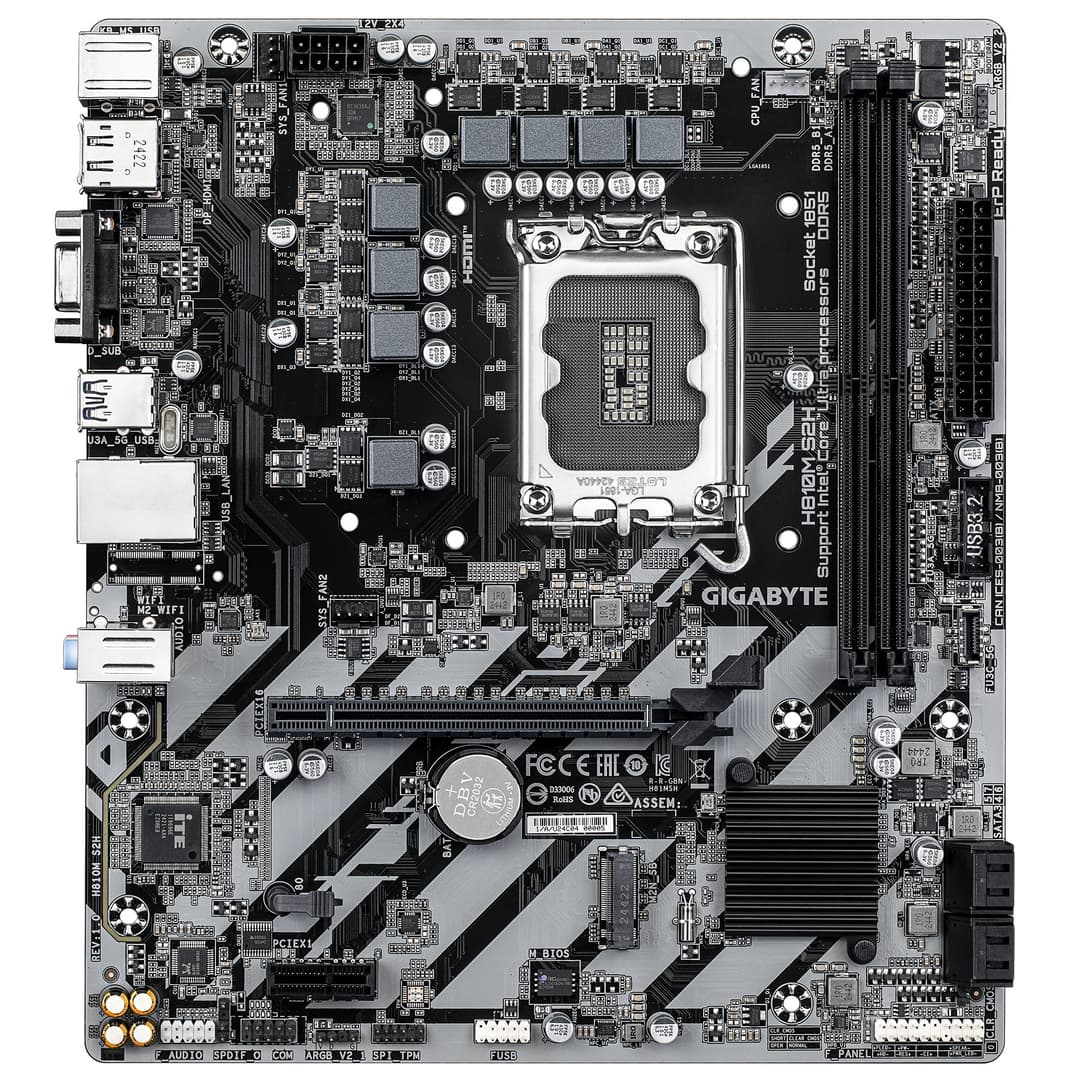 GIGABYTE H810M S2H LGA1851 Micro ATX Motherboard - Intel H810, Intel Core Ultra (Series 2) CPUs, 4+1+2 Phases VRM, up to 6400MHz DDR5, 1xPCIe 4.0 M.2, 1GbE LAN, USB 3.2 Gen 1 - Image 2