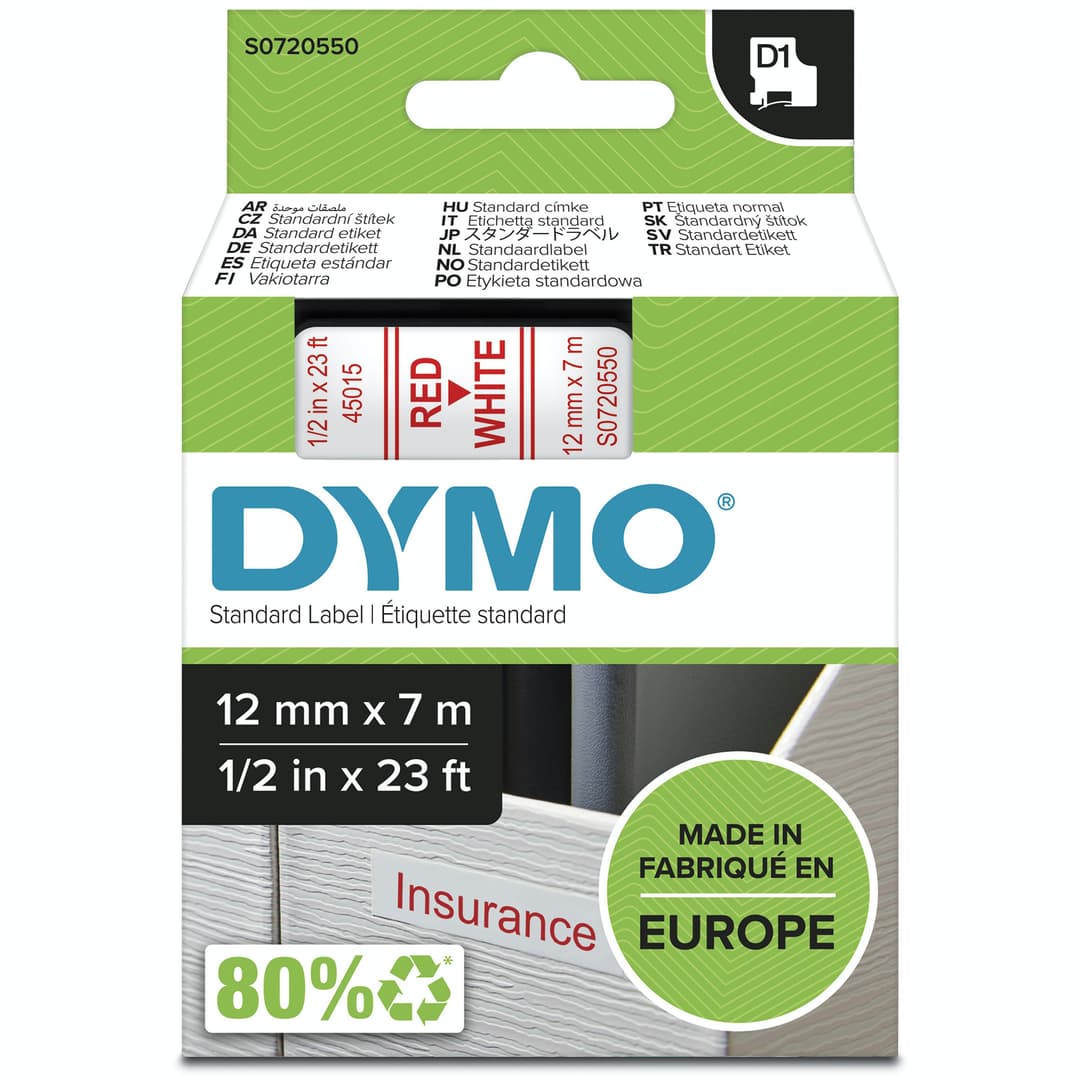 DYMO Authentic D1 Labels 45015 (S0720550) | Red Print on White Tape | 12 mm x 7 m | Self-Adhesive Labels for LabelManager Label Makers | Made in Europe - Image 1