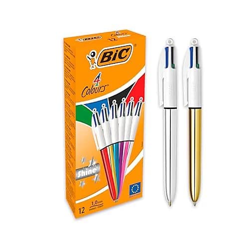 BIC 4 Colours Shine - 4 colour ballpoint pen - black, red, blue, green ink, assorted metallic barrels (pack of 12)