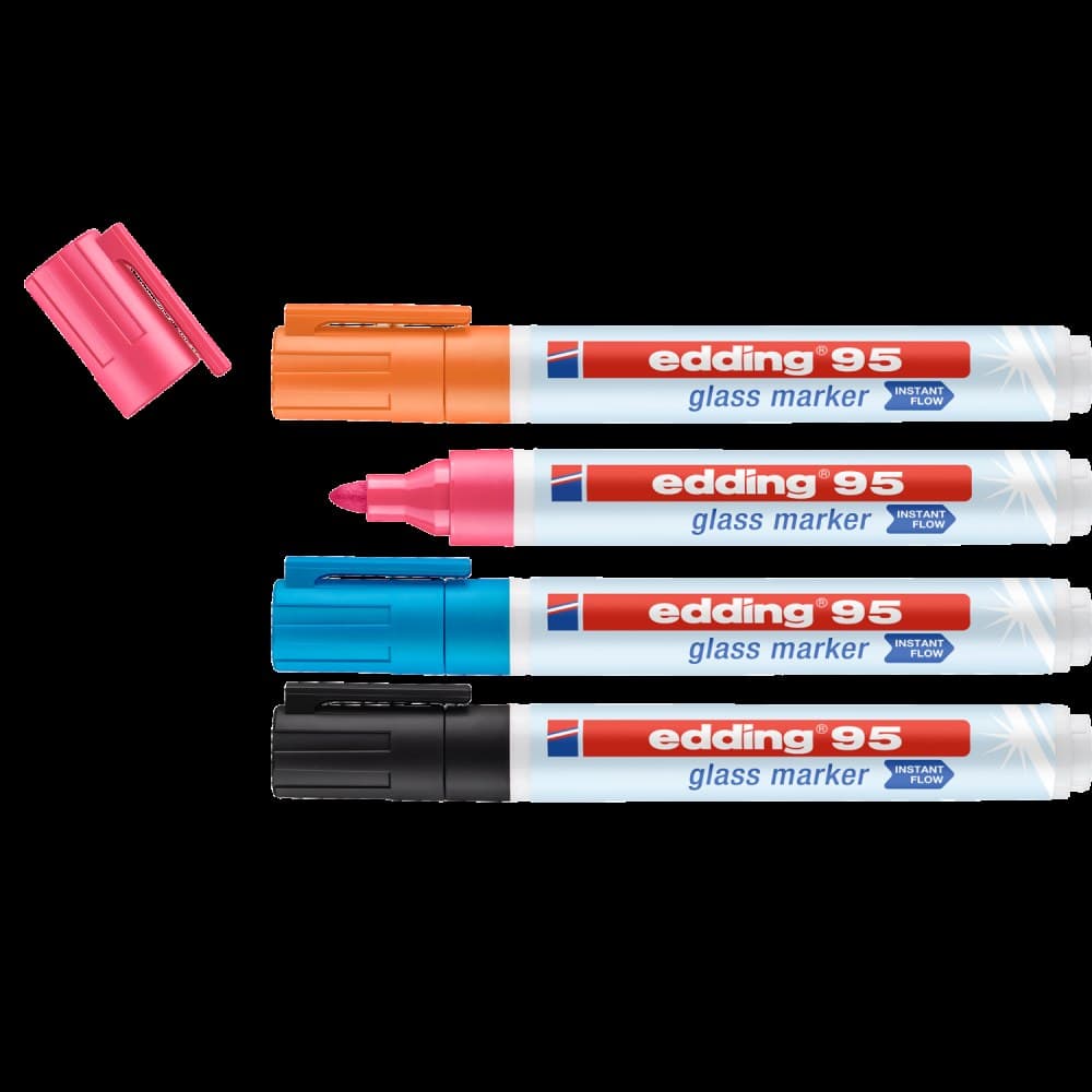 edding 95 Glass Marker Assorted Colours Round Nib 1.5-3mm Pack of 4 - Image 1
