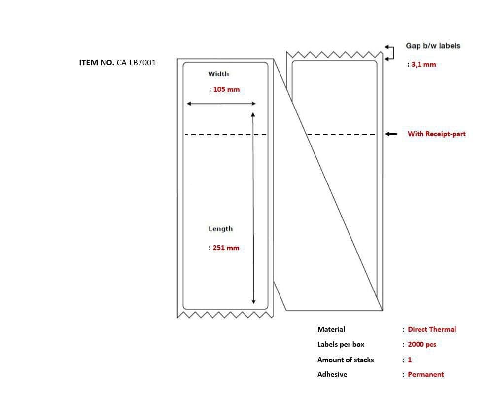 Capture Ship-label 105 x 251mm, Direct Thermal, With Receipt Part, Fanfold, 2000 Labels per Box (CA-LB7001)