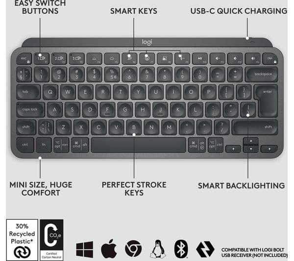Logitech MX Keys Mini Wireless Illuminated Keyboard - Graphite, UK Layout - Image 7