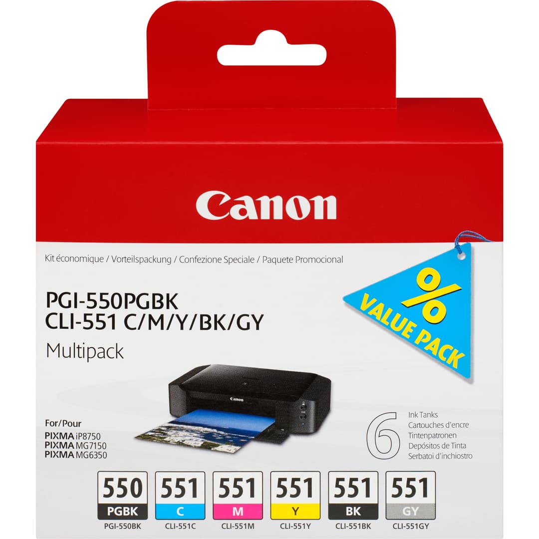 Canon PGI-550/CLI-551 PGBK/C/M/Y/BK/GY 6 Ink Cartridge Multipack - Image 1