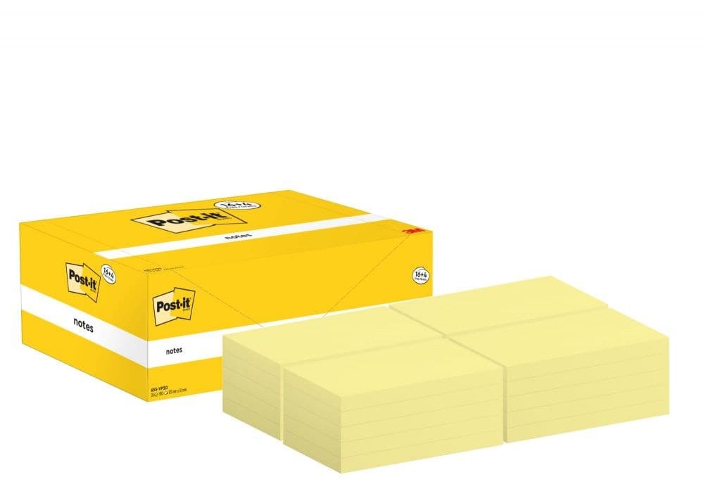 Post-it Pack of 20 Notes Value Pack 76x127mm 100 Sheets Canary Yellow