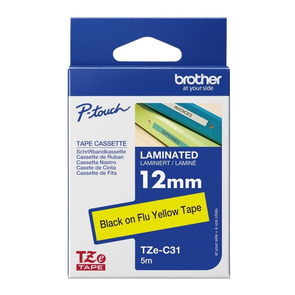 Brother TZEC31 Black on Yellow 8M x 12mm Fluorescent Laminated Tape - Image 1