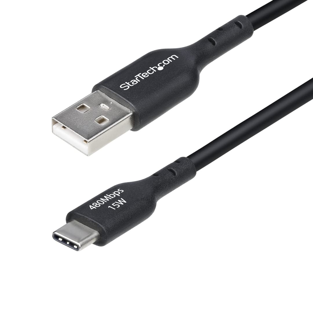 StarTech.com 6in (15cm) USB-A to USB-C Charging Cable, Charge & Sync, 3A, USB 2.0, TPE Jacket - Black USB Charging Cord - Image 1