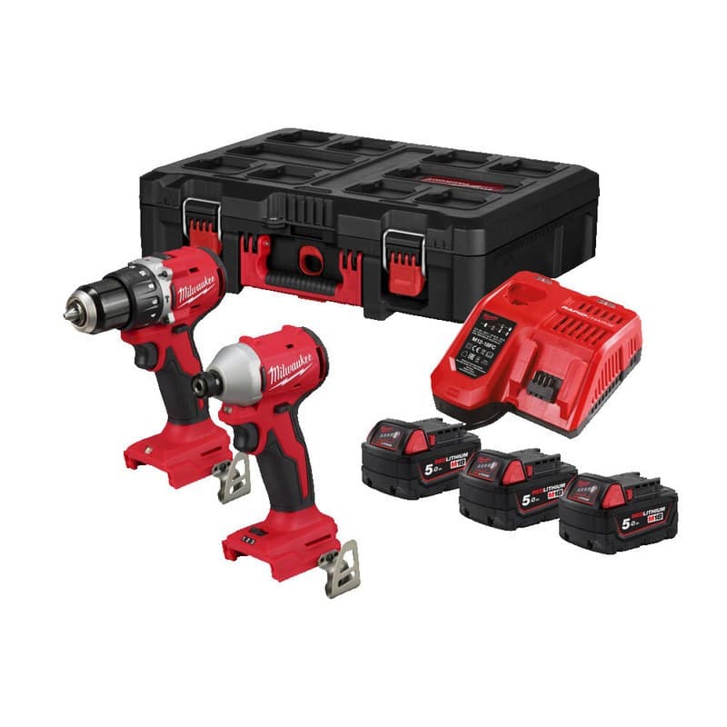 Milwaukee M18BLPP2D3-503P 18v Brushless Twin Pack - 3 x 5.0ah Batteries in Packout M18BLPDRC Combi Drill & M18BLIDR Impact Driver