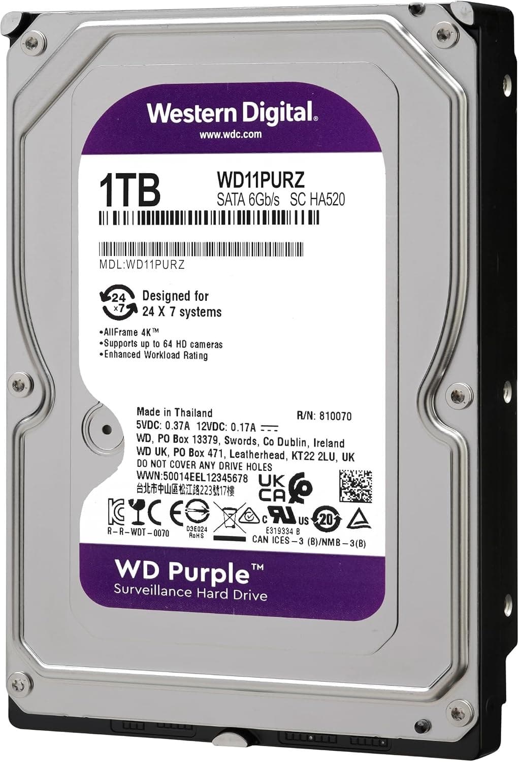 Western Digital Purple 1TB Surveillance 3.5 Inch SATA 6 Gb/s Hard Disk Drive with Allframe 4K Technology - 180TB/yr, 64MB Cache, 5400rpm - WD10PURZ