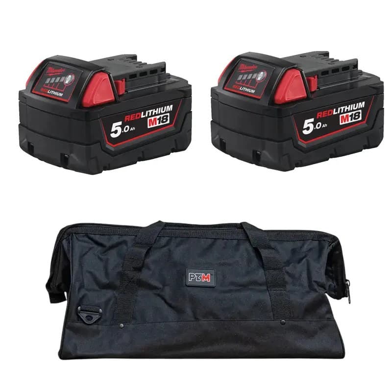 Milwaukee M18B5 18V 5.0Ah RedLithium-Ion Battery - Twin Pack & Powertoolmate Medium Kit Bag