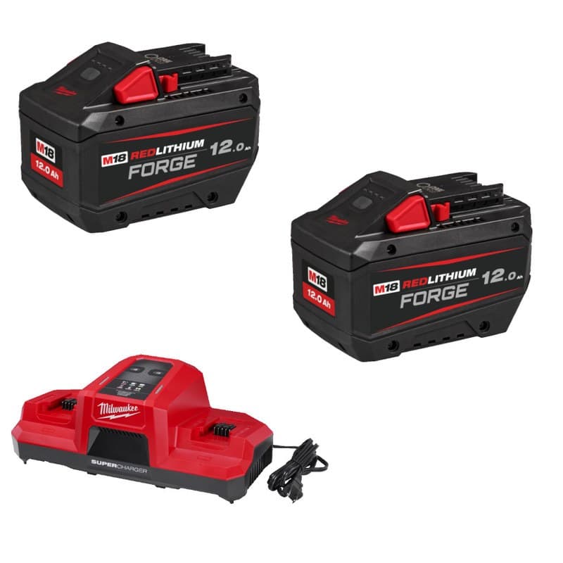 Milwaukee 18v Forge 12ah Battery Twin Pack and Dual Bay Super Charger Bundle - 2 x M18FB12 & M18DBSC - Image 1