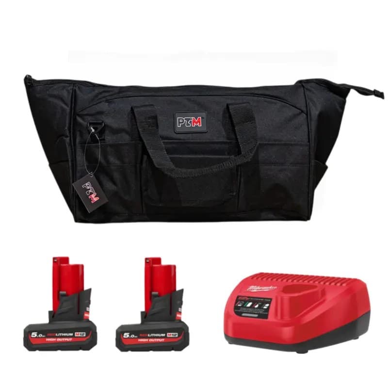 Milwaukee M12 5ah High Output Energy Pack In PTM Bag - 2 x M12HB5 5.0ah Batteries, C12C Charger with PTM Bag