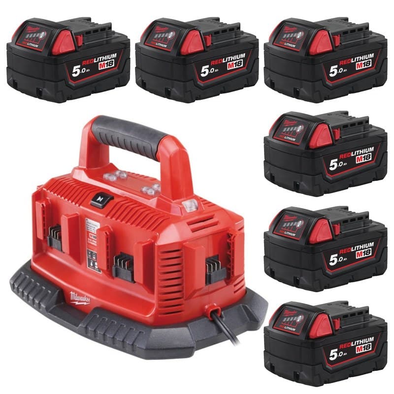 Milwaukee M18B5 18v 5.0ah RedLithium-Ion Batteries x 6 & M1418C6 Multi Bay Charger 240v