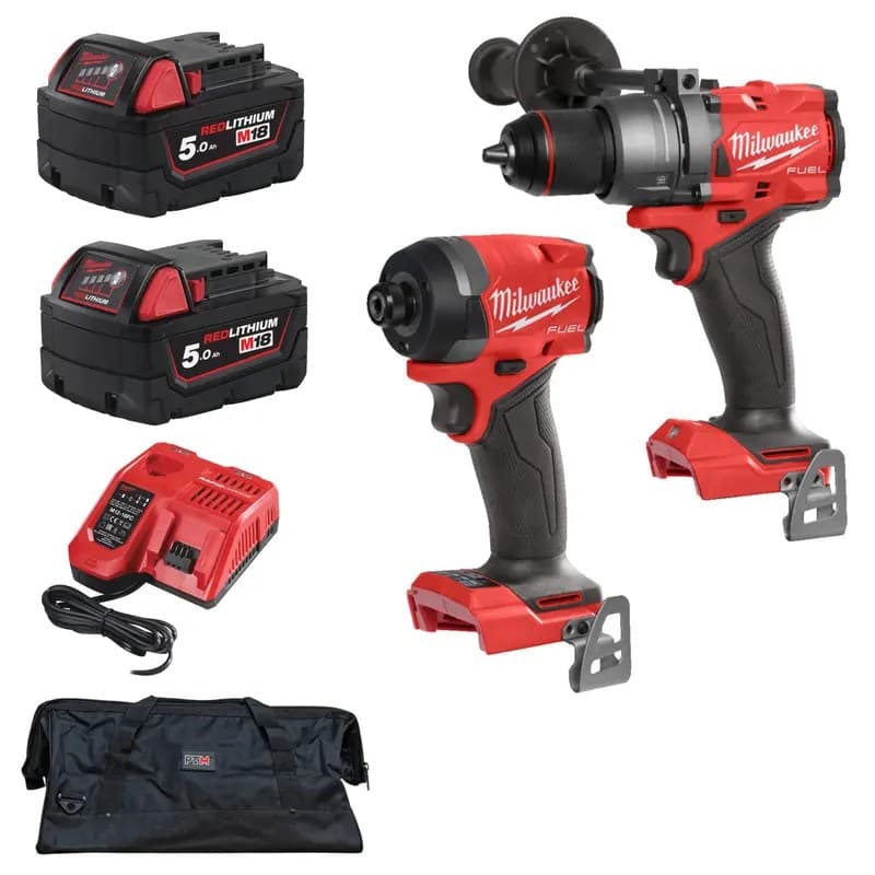 Milwaukee M18FPD3-0 18v Fuel Combi Drill & M18FID3-0 Fuel Impact Driver Kit - 2 x 5.0ah Batteries, Charger & PTM Bag