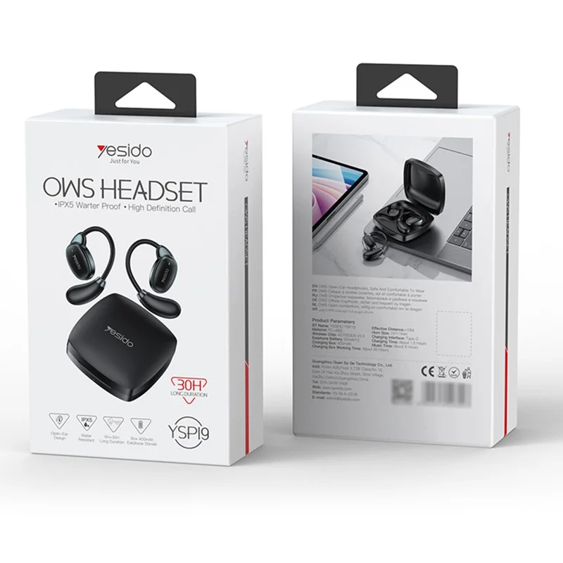 YESIDO YSP19 Open-Ear Bluetooth Headphones with IPX5 Waterproof Rating - Black - Image 8