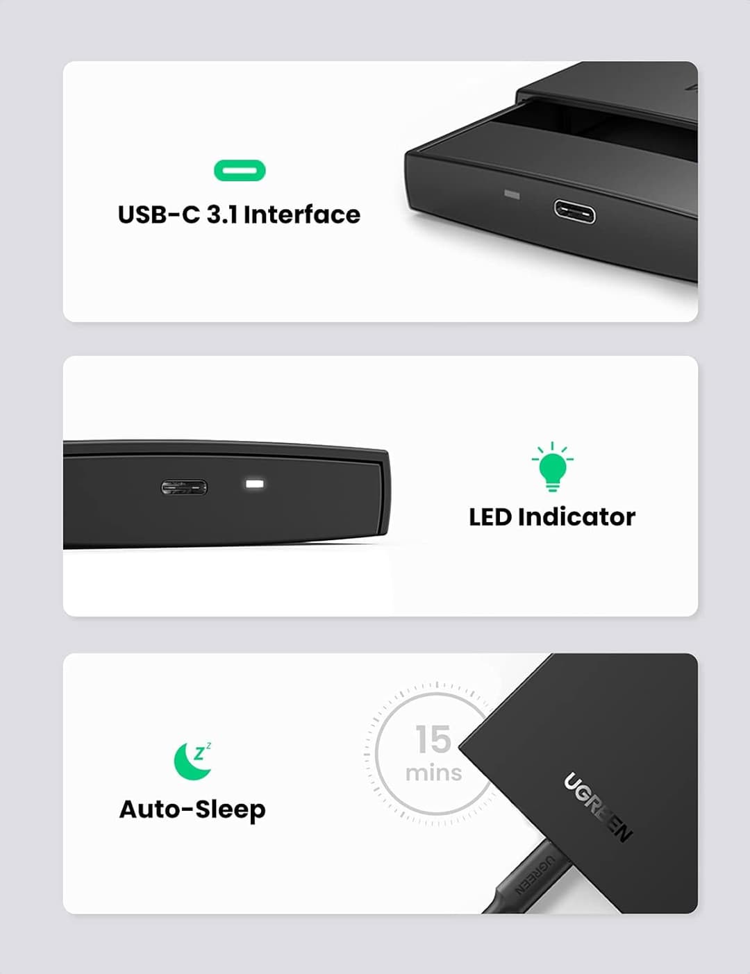 UGREEN 2.5" USB-C 3.1 Hard Drive Enclosure – UASP, 6Gbps, Driver-Free, Up to 10TB - Image 7