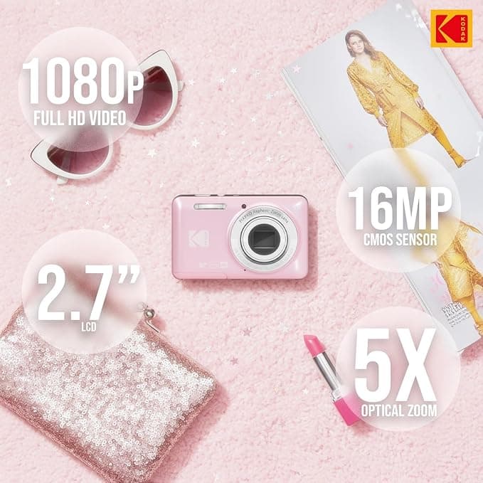 Kodak PixPro Friendly Zoom FZ55 16MP 1080p Full HD Digital Camera with 5X Optical Zoom Vlogging Camera - Pastel Pink - Image 3