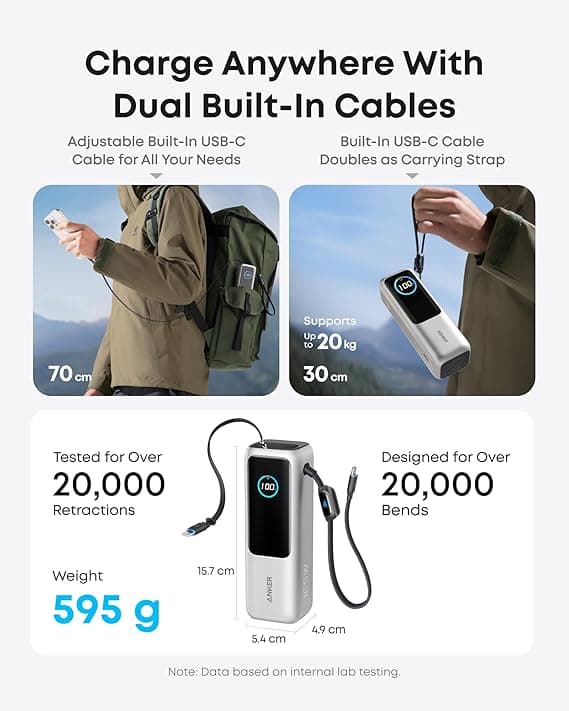 Anker 25000mAh 165W Power Bank with Built-In Retractable USB-C Cables - Silver - Image 3