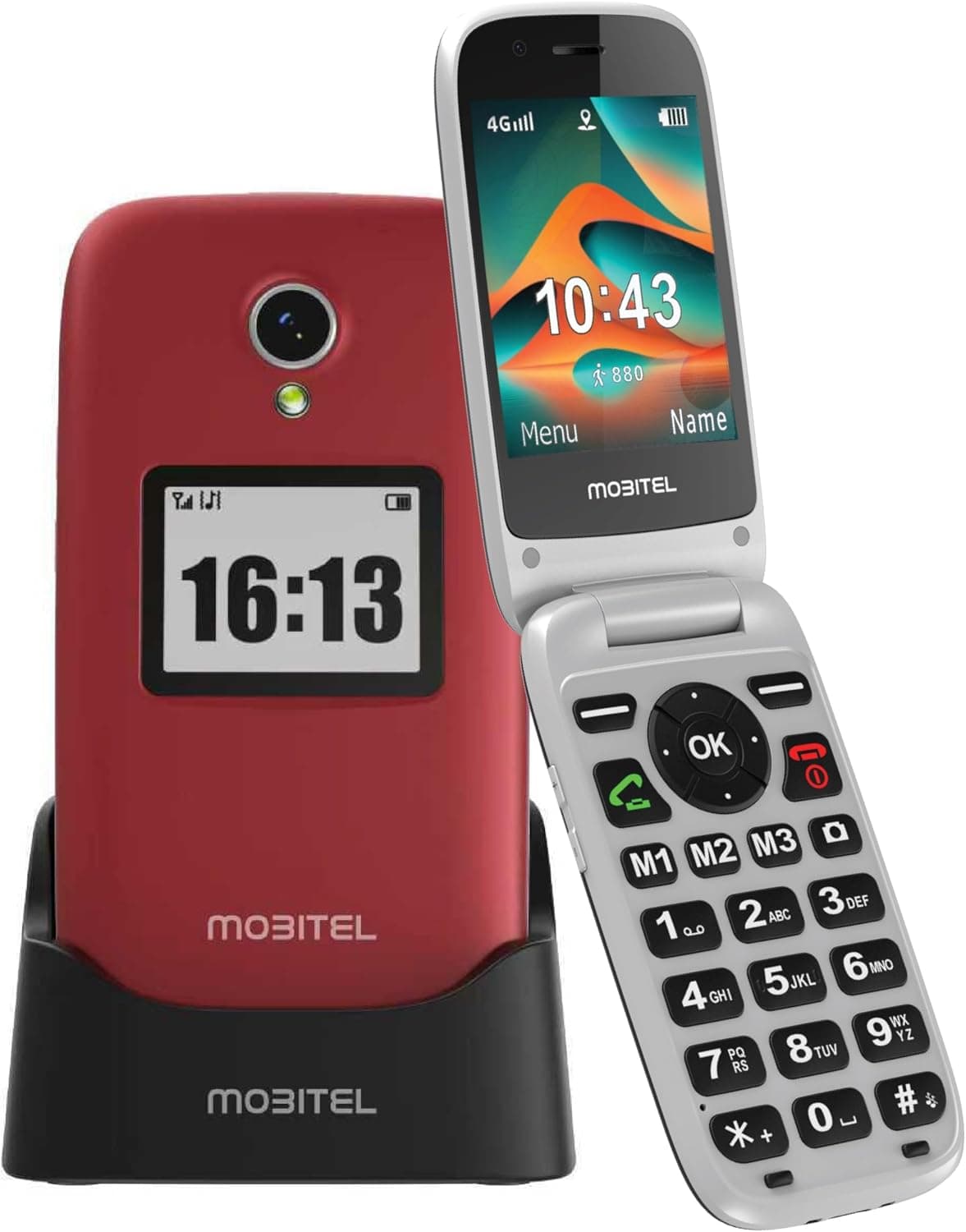 Mobitel 8010 4G Senior Mobile Phone Flip Design Loud Speaker Charging Dock Red