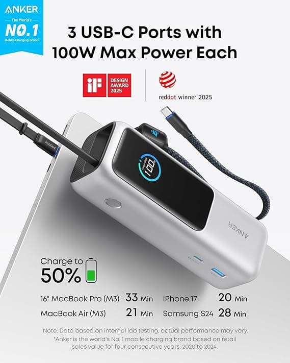 Anker 25000mAh 165W Power Bank with Built-In Retractable USB-C Cables - Silver - Image 2