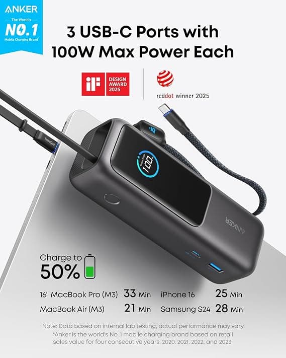 Anker 25000mAh 165W Power Bank with Built-In Retractable USB-C Cables - Black - Image 2