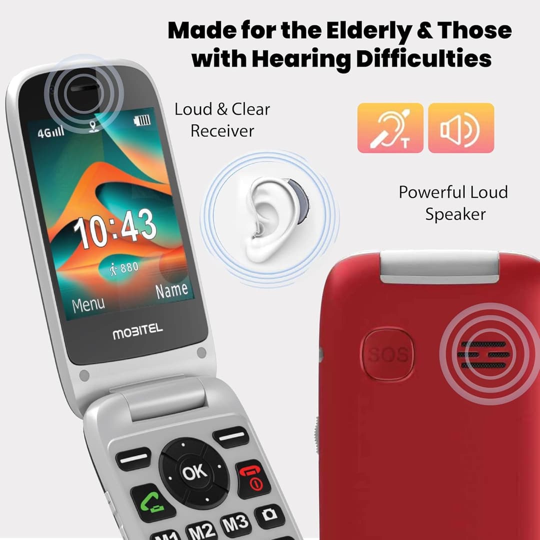 Mobitel 8010 4G Senior Mobile Phone Flip Design Loud Speaker Charging Dock Red - Image 3